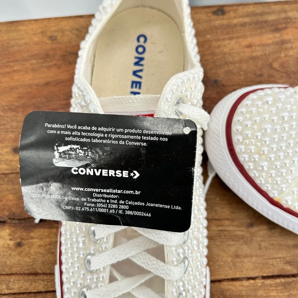 Converse All Star Pearl Embellished Low  Sneakers Ivory Bridal‎ Shoes Womens 8.5